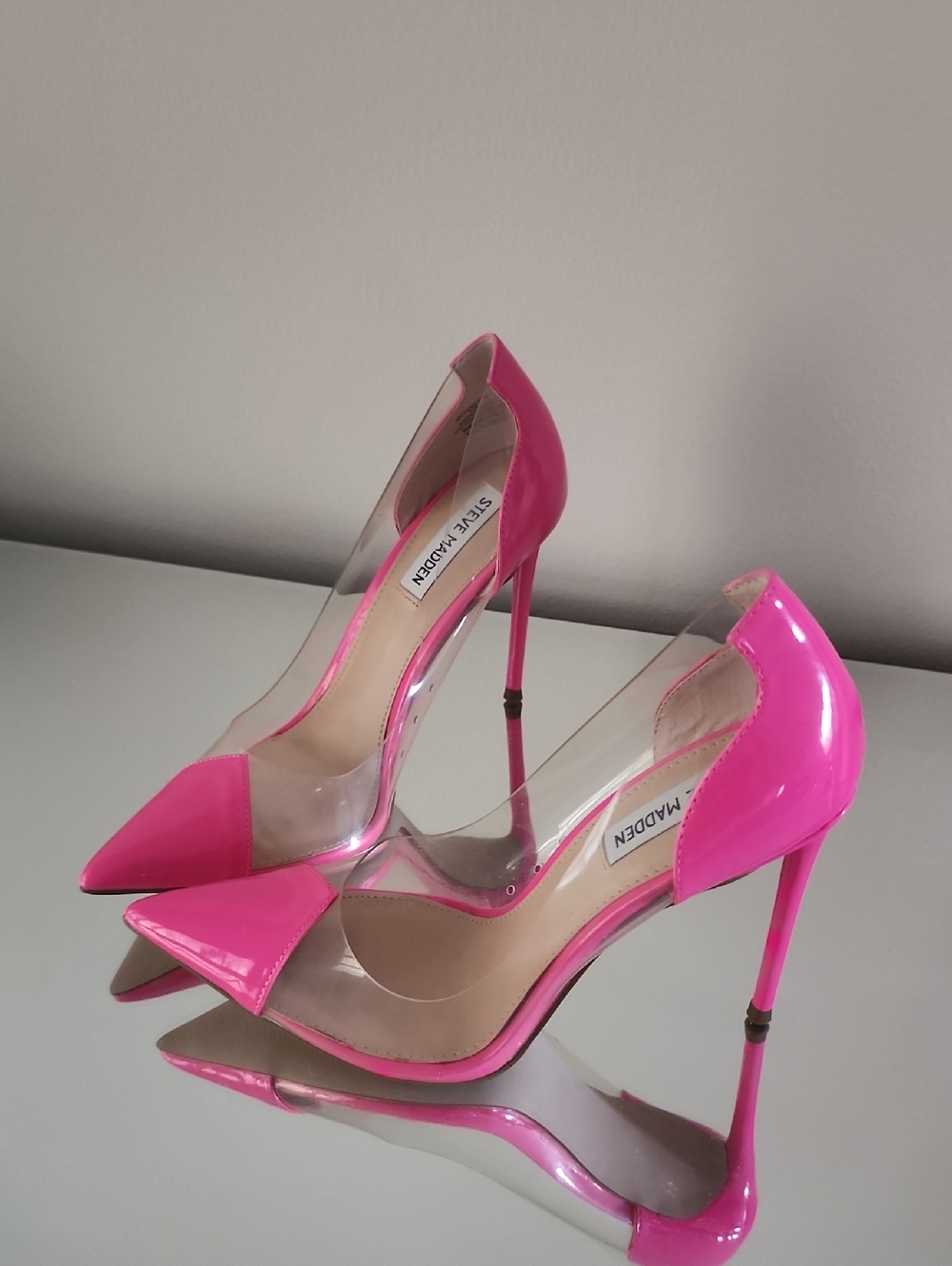 🎀 ● Steve Madden Hot Pink Patent & Clear Stiletto Pumps Brand New Size 8.5